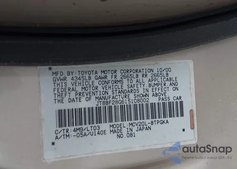 2001 Lexus Es 300 z USA, uszkodzony, nr VIN JT8BF28G615108002